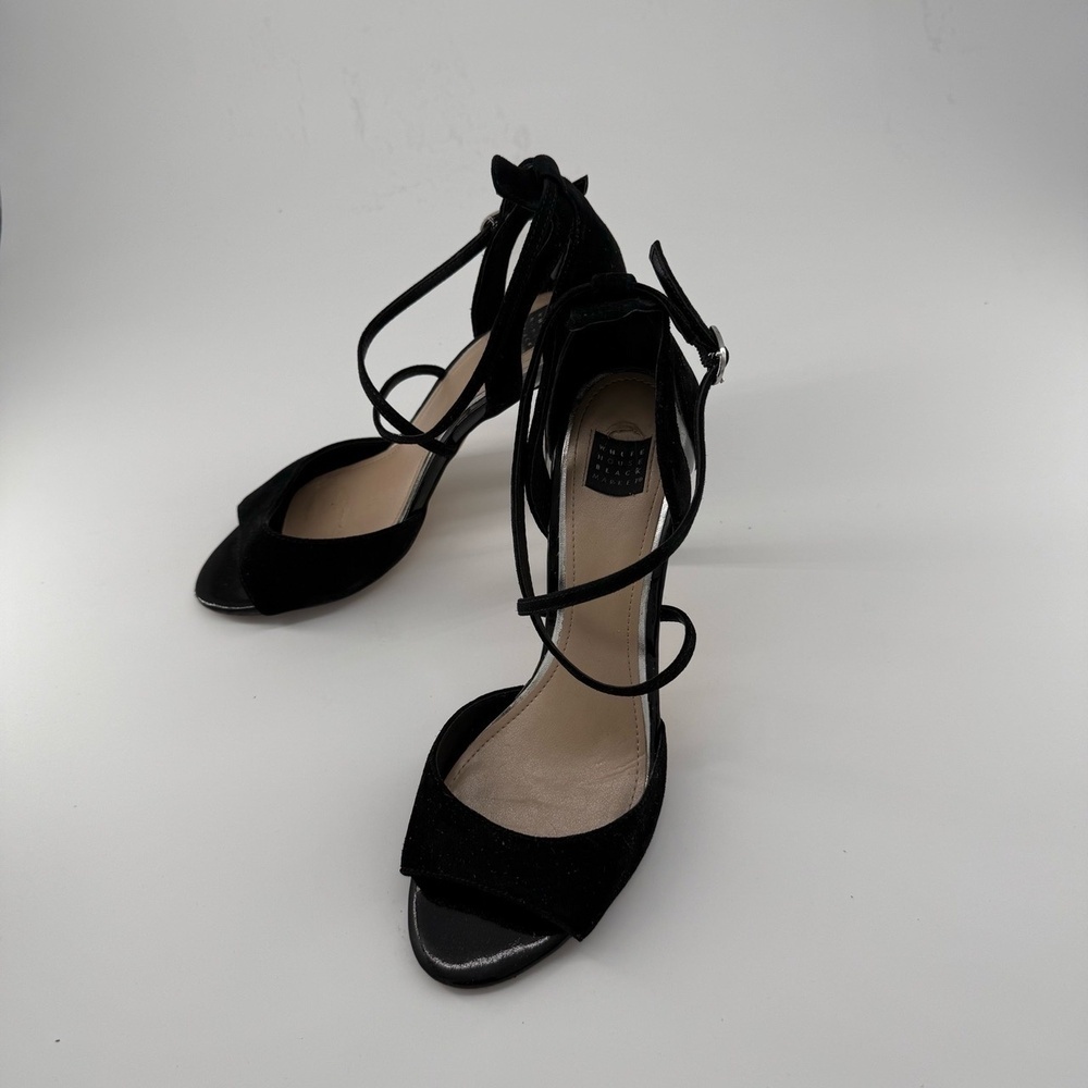 White House Black Market Heels Womens 9M Black Strappy Stiletto Open Toe Suede
